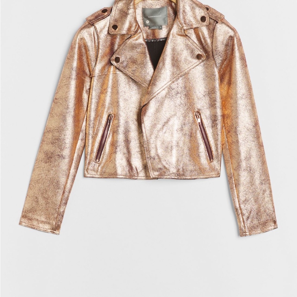 🌟NWT🌟 Anthropologie Brisa Metallic Faux Leather Cropped Moto Jacket - Picture 3 of 7